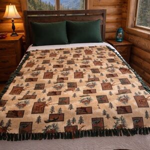 Rustic Cabin Lodge Throw Blanket 68x55 Fleece Deer Pine Fringe